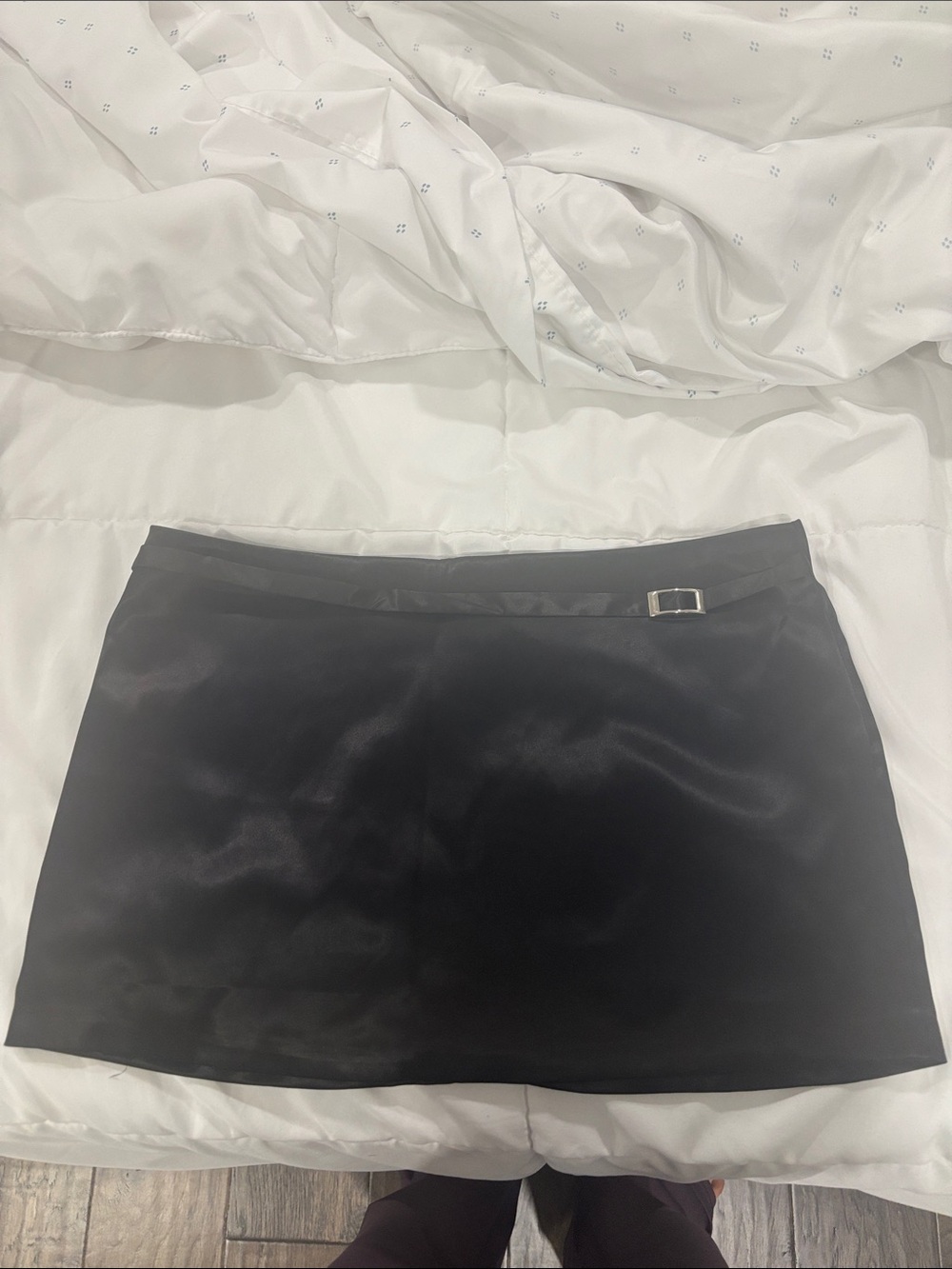 Black satin mini skirt